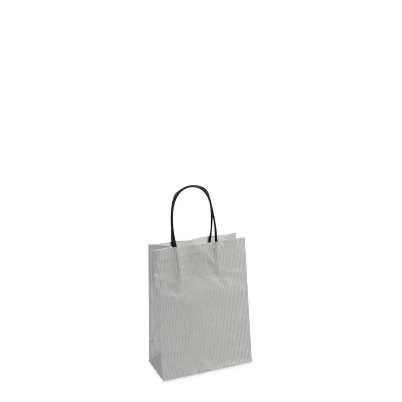 Papiertragetaschen mit gedrehte Griffe und Bodenkarton 14+7x19 cm Silber (250 Stück) [FP-007019]