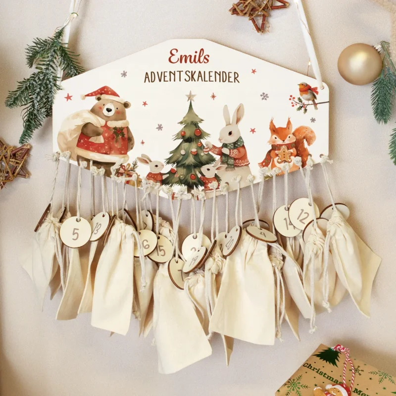 Personalisierter Adventskalender aus Holz mit Druckmotiv & Namen - Pullovertiere GRAVURZEILE