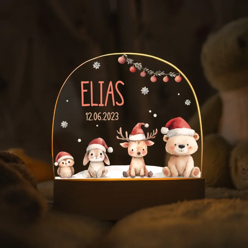 Kinder LED Nachtlicht mit Sockel aus Holz - "Schneetiere" GRAVURZEILE