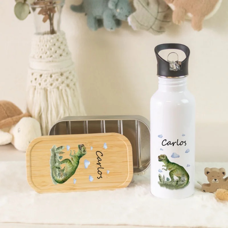 Bedruckte Brotdose & Trinkflasche im Set - T-Rex V2 GRAVURZEILE