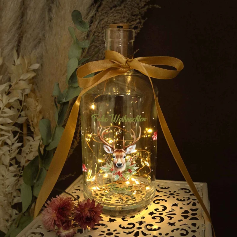 Flaschenlicht mit LED-Lichterkette und UV Druck - Hirsch Design - Personalisiert mit Name GRAVURZEILE