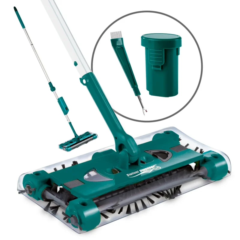 Swivel Sweeper G 2 Akkubesen kabellos in Smaragd mit 4 rotierenden Bürsten und 360° drehbarem Bürstenkopf.