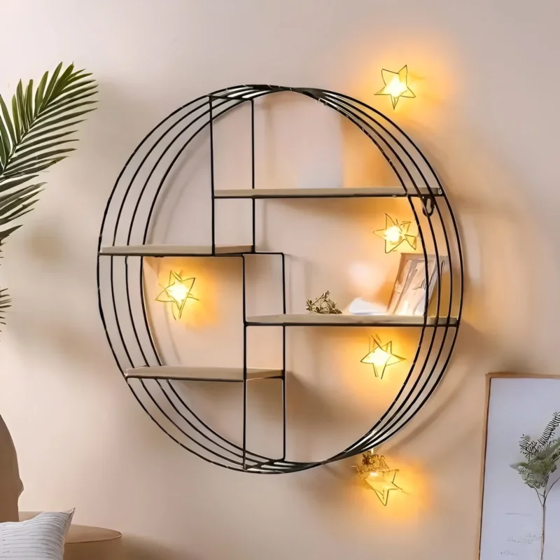 Runde Wandregal mit 4 Ebenen – Retro-Design aus Holz & Metall | Dekorativer Hängeregal für Wohnzimmer, Badezimmer & Schlafzimmer | Karnz
