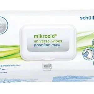 mikrozid® universal wipes premium maxi Verpackung mit Desinfektionshinweisen und 80 Tüchern.