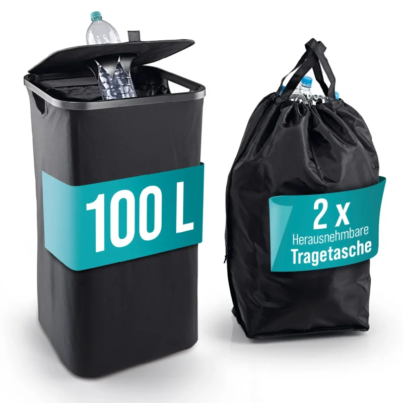 Pfandflaschen-Sammelbehälter - Schwarz, 100 Liter Fassungsvermögen, mit 2 herausnehmbaren Tragetaschen und praktischem Deckel.