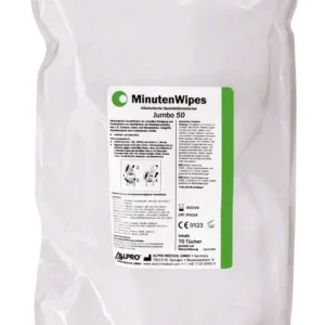 Alkoholische Feuchttücher MinutenWipes Jumbo 50 in weißer Verpackung.