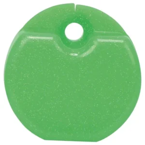 Runde, neongrüne Zahnspangenbox mit glitzerndem Metallic-Effekt.