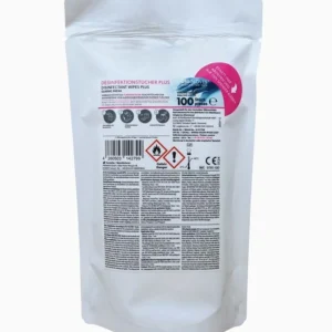 Desinfektionstücher Plus Classic Fresh 100 Blatt Nachfüllbeutel auf weißem Hintergrund.