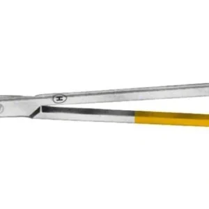Chirurgische Zahnfleischschere, 10,5 cm, gebogen, mit gelbem Griff.