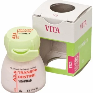 VM9 Classical Transpa Dentin 12g A3,5 in Kunststoffdose mit Verpackung.