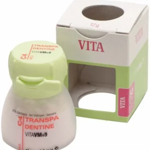 Kleine Dose Vita VM9 Classical Transpa Dentin 12g C4 neben Verpackung.