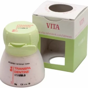 VM9 Classical Transpa Dentin 50g B4 mit Verpackung und grünem Deckel.