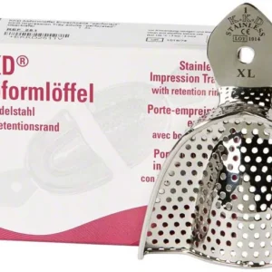 Abformlöffel perforiert OK-1 XL aus Edelstahl vor Verpackung.