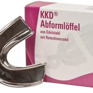 Abformlöffel solide glatt UK-2 L vor Verpackung mit Produktinformationen.