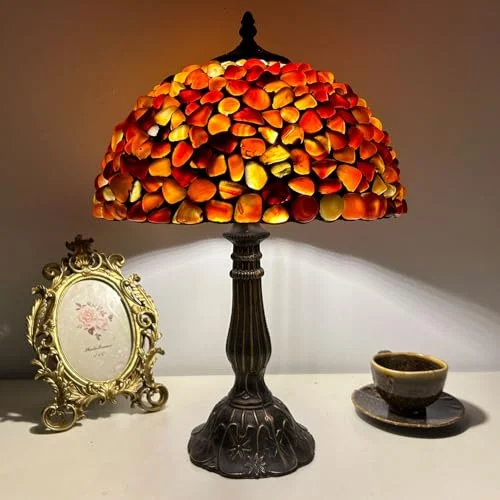 Lampe, 12X12X19 Zoll Achat-Bernstein-Buntglaslampe, Tischlampe aus Naturstein, antike Vintage-Schreibtischleuchte für Nachttisch, Büro, Wohnzimmer, Lesenachtlicht, Rot