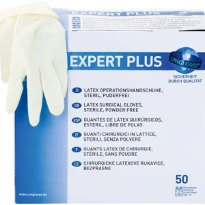 Latex OP-Handschuhe Gr. 7 auf Verpackung mit Produktinformationen.