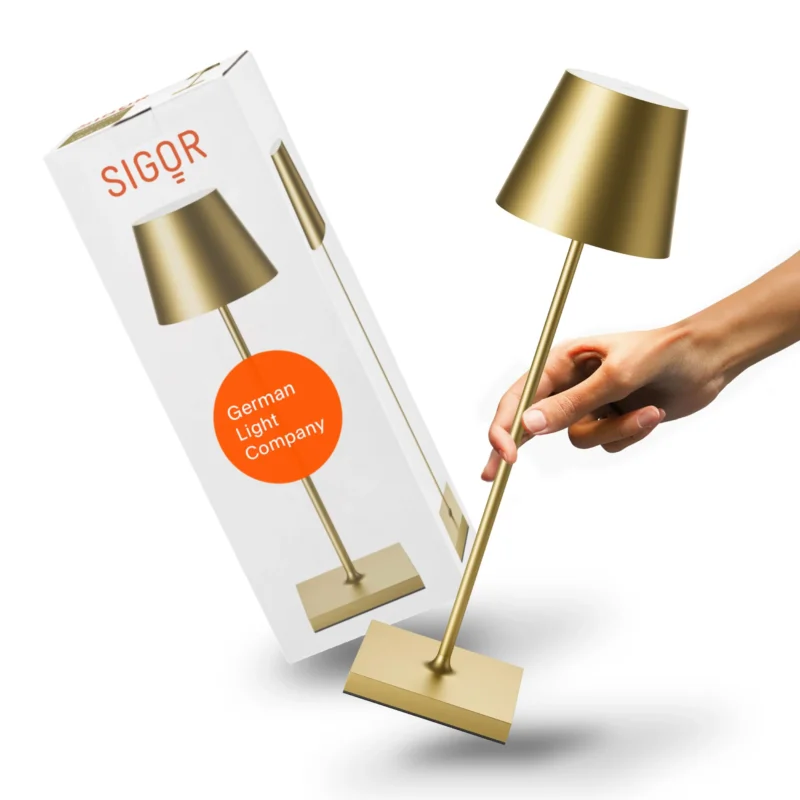 SIGOR Nuindie 2.0 - Dimmbare LED Akku-Tischlampe Indoor & Outdoor, IP54 spritzwassergeschützt, Höhe 38 cm, aufladbar mit USB-C, 12 h Leuchtdauer, goldfarben