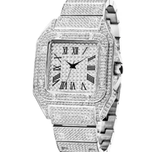 Karnz | MISSFOX Ice Out Square Herrenuhr | 18K Gold Nano-Vakuum-Beschichtung | Schweizer Quarz-Uhrwerk | Vollbesetzt mit Lab-Diamanten | Edelstahl-Gehäuse | Wasserdicht 3 ATM