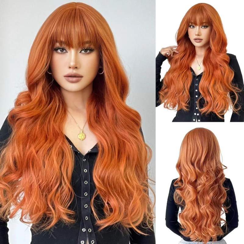 Langgewellte Orange Synthetische Perücke mit Pony für Frauen Halloween