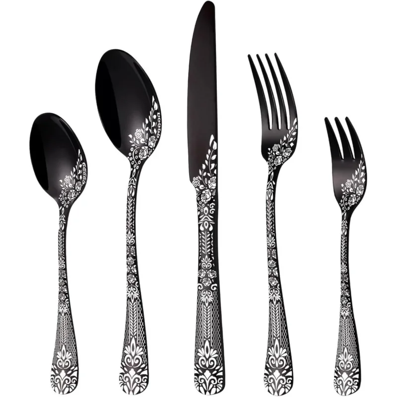 30-teiliges Besteckset Schwarz für 6 Personen, Edelstahl, Blumenmuster