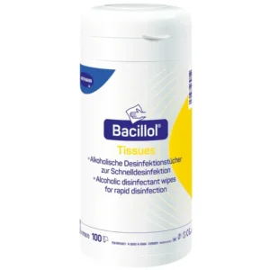 Bacillol Tissues Desinfektionstücher, 100 Stück, in weißer Spenderdose.