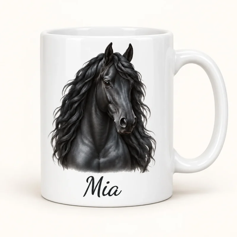 Personalisierte Pferdetasse mit Name – Schwarzer Friese – Ansicht 1