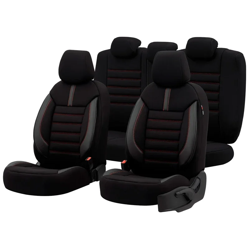 otoM, Universelle Stoff/Leder Sitzbezüge Limited Schwarz + Rote Nähten- 11-Teilig- - passend für Side-Airbags, Leder, Schaumgummi, Textil, Rot, Schwarz