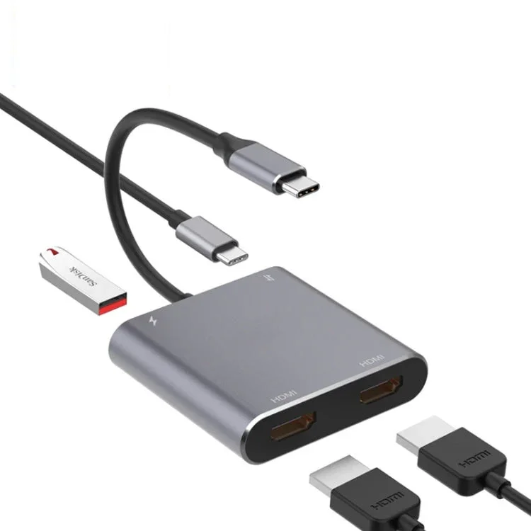 4-in-1-USB-Adapter: USB Typ-C auf zwei HDMI-, USB- und USB Typ-C-Hubs