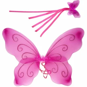 Ailes et baguette magique papillon pour enfant roses à paillettes