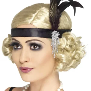 Bandeau charleston pour adulte noir avec plume et bijou argenté