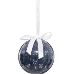 Boule de neige avec flocons pour sapin bleu avec ruban blanc