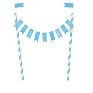 Cake topper It's a boy pour baby shower bleu avec fanions et pailles rayées