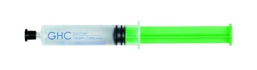 Sterile Harnblasenkatheter Blockerspritze mit grünem Kolben und GHC-Logo.