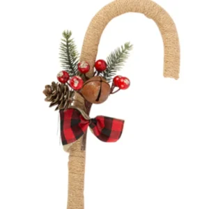 Décoration canne à sucre rustique pour Noël en jute avec nœud à carreaux rouges et noirs