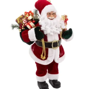 Décoration Père Noël luxe rouge et blanc en velours avec sa hotte de cadeaux