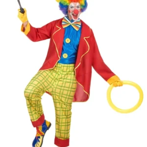 Déguisement clown amusant pour homme multicolore avec veste rouge et pantalon à carreaux