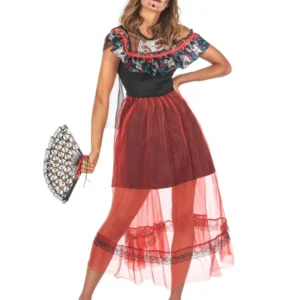 Déguisement Dia de los Muertos pour femme noir et rouge avec voile et fleurs