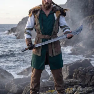 Déguisement guerrier viking luxe pour homme vert et marron avec col en fourrure