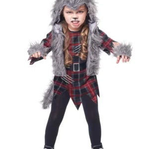 Déguisement loup garou pour fille gris luxe avec robe à carreaux et fausse fourrure