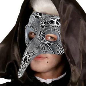 Demi-masque vénitien à long nez effet craquelé pour adulte noir et blanc