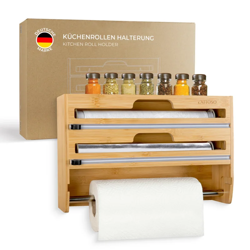 3 in 1 Folienschneider + Wandrollenhalter + Frischhaltefolienspender aus Bambus mit scharfen Klingen und einfache Wandmontage
