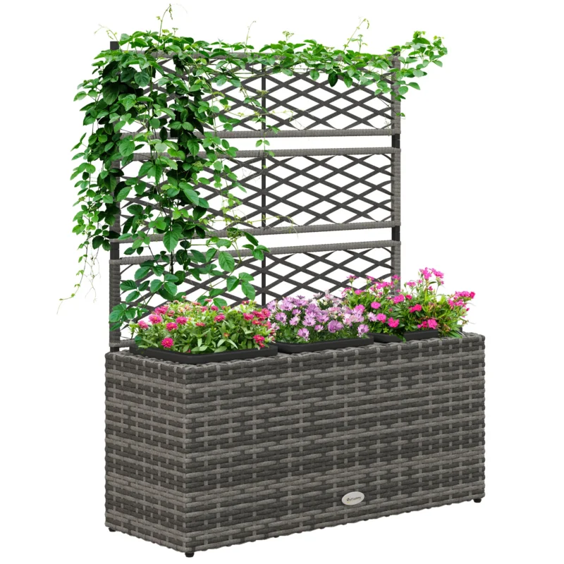 easycomfort easycomfort fioriera con grigliato per rampicanti con 3 vasi in acciaio e rattan pe 84x30x107cm grigio