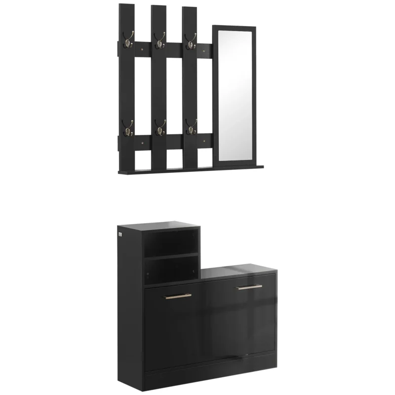 easycomfort easycomfort set appendi abiti da ingresso con specchio e scarpiera per 8 paia di scarpe nero lucido