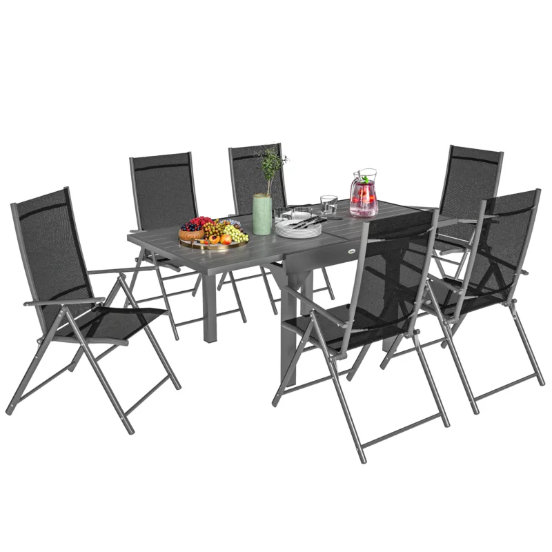 easycomfort easycomfort set da giardino 7 pezzi con 6 sedie pieghevoli e tavolo allungabile in acciaio alluminio e rete grigio e nero