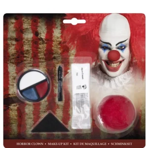 Kit maquillage clown effrayant pour adulte blanc rouge et bleu avec nez rouge
