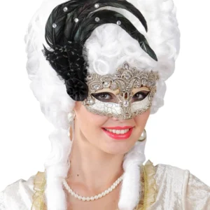 Loup vénitien dentelle et plumes pour adulte doré et crème avec plumes noires