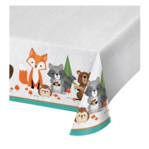 Nappe en plastique animaux de la forêt pour anniversaire blanche effet bois avec renard et raton laveur