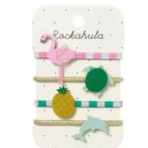Island Dreams Haargummis von Rockahula im 4er-Set mit Flamingo-, Schildkröten-, Ananas- und Delfinmotiven für sommerliche Frisuren.