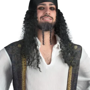Perruque bandana pirate pour adulte noire aux cheveux bouclés avec barbichette tressée