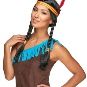Perruque Indienne avec plume pour femme noire à tresses avec bandeau rayé et plume rouge